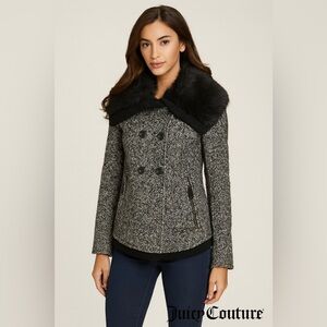 Juicy Couture Black Angel Brushed Tweed Pea Coat Faux Fur Collar Sz S